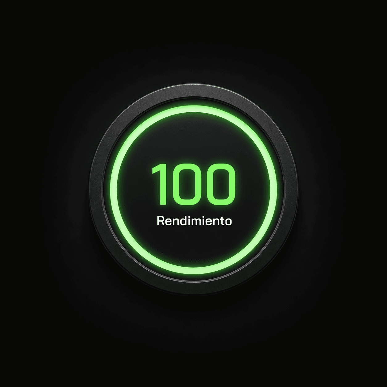 Medidor de rendimiento técnico al 100 por ciento, simbolizando código optimizado y carga rápida